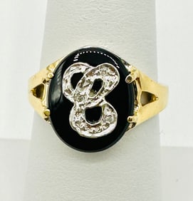 Natural Diamond Initial C Onyx Ring,14KT Yellow and White Gold # 2483