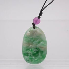 Chinese Hand Carved Type A Natural Green Jade Landscape Pendant