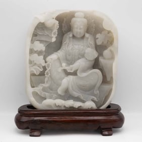 Chinese Carved Natural White Jadeite Guanyin Sculpture