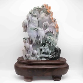 Chinese Carved Natural Jadeite Large Landscape Sculpture