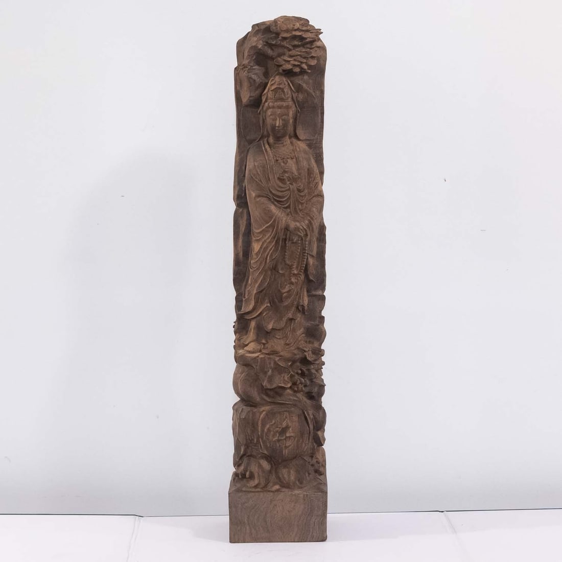 Antique Chinese Carved Wood Guanyin Sculpture: Medium: Wood Size: 19x3.5x3 inches Age/Detail: Antique Chinese Carved Condition: great overall, check photo for condition reference. Provenance: Collection from Estate in Tribecca Please view all the