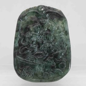 Chinese Carved Natural Green Jadeite Fortune Pendant