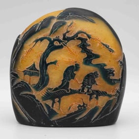 Antique Chinese Carved Yellow Jade Landscape Relief Sculpture Stone