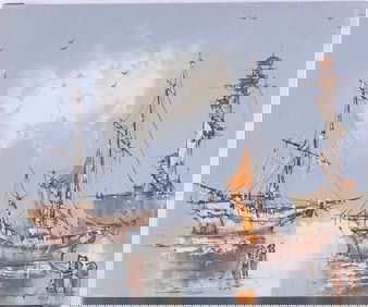 Vintage Impressionist Oil On Canvas "Mast Ships"