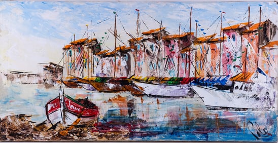 Vintage Modernist Oil On Canvas "Harbor City"