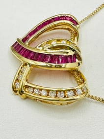 Natural Diamond and Ruby Double Heart Slide Pendant with Chain, 14KT Yellow Gold # 2339