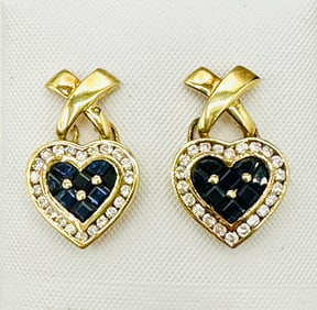 Pair of Natural Diamond and Sapphire X-Heart Earrings, 14KT Yellow Gold # 2345