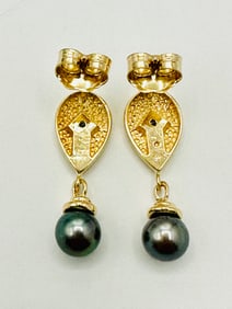 Pair of Natural Diamond and Pearl Earrings, 14KT Yellow Gold # 2365