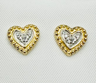 Pair of Natural Diamond Stud Heart Earrings, 14KT Yellow Gold # 2557