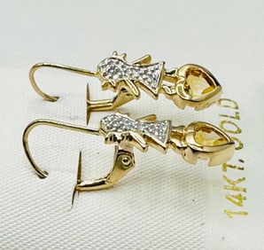 Pair of Natural Diamond and Yellow Topaz Earrings, 14KT Yellow Gold # 2558