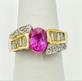 Natural Diamond and Pink Sapphire Ring,18KT White and Yellow Gold # 2561