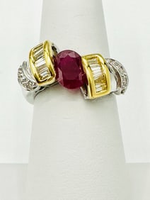 Natural Diamond and Ruby Ring,18KT White and Yellow Gold # 2562