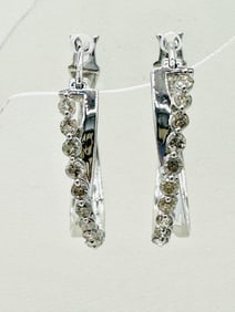 Pair of Natural Diamond Double Round Hoop Earrings, 14KT White Gold # 2574