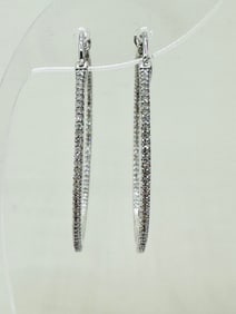Pair of Natural Diamond in and out Hoop Earrings, 14KT White Gold # 2575