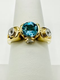 Natural Diamond and Blue Topaz Ring,14KT Yellow Gold # 2618
