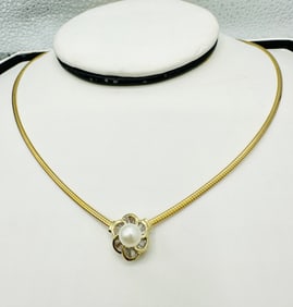 Natural Diamond and Pearl Necklace, 14KT Yellow Gold # 2666