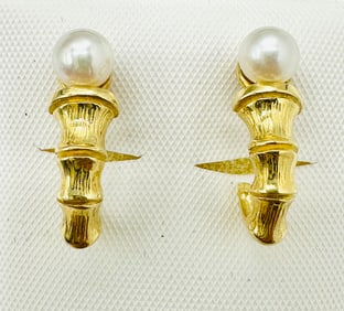 14KT Yellow Gold,Pair of Pearl Bamboo Earrings # 2688