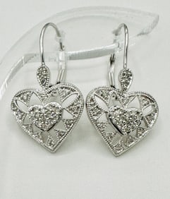 14KT White Gold,Pair of Natural Diamond Heart Earrings # 2696