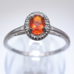 Sterling Silver Fire Opal And Diamond Ring