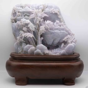 Chinese Carved Natural Lavender Jadeite Large Mountain Landscape Sculpture