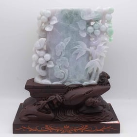 Chinese Carved Natural Lavender And Green Jadeite Landscape Brush Holder