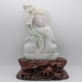 Chinese Carved Natural White And Green Jadeite Guanyin Bodhisattva Sculpture