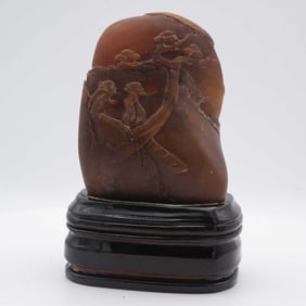 Old Chinese Carved Shoushan Stone Landscape Sculpture with Box