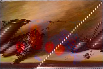 Vintage Still Life Oil On Canvas "Fruits With Water Jug"