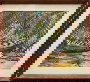 Vintage Vintage Oil On Paper "Moored Boat"