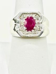 14KT White Gold Natural Ruby And Natural Diamond Men’s Ring Size 8.5 - J11408