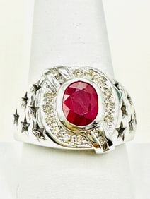 14KT White Gold Natural Ruby And Natural Diamond Men’s Ring Size 9.75 - J11409