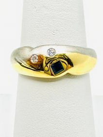 18KT Gold 2-Tones Natural Sapphire And Natural Diamond Ring Size 7 - J11435