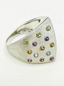 14KT White Gold Wigh 13 Pcs Natural Gemstone Fancy Big Ring Size 9 - J11436