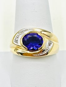 14 Karat Yellow Gold Amethyst And Natural Diamond Ring Size 10 - J11459