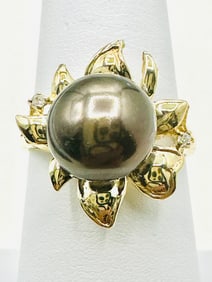 14KT Yellow Gold Freshwater Pearl With Natural Diamond Fancy Ring Size 7 - J11469