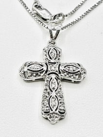 14 Karat White Gold Natural Diamond Cross Pendant And Chain - J11472