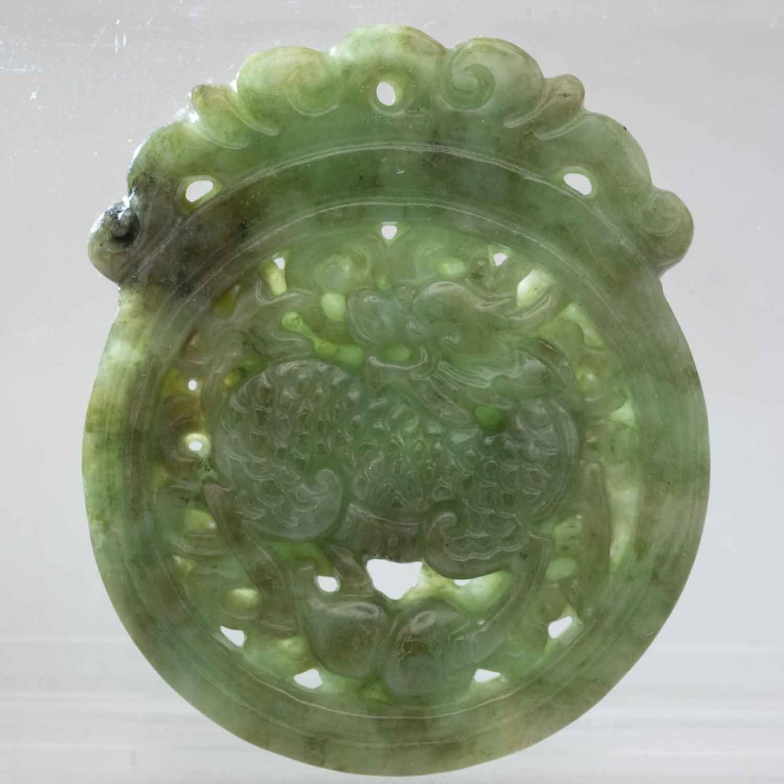 Chinese Carved Natural Green Jade Kirin Pendant: Medium: Natural Green Jade Size: 1.7x1.5x0.3 inches Age/Detail: Chinese Carved Condition: great overall, check photo for condition reference. Provenance: Collection from Estate in Tribecca LiveShippin