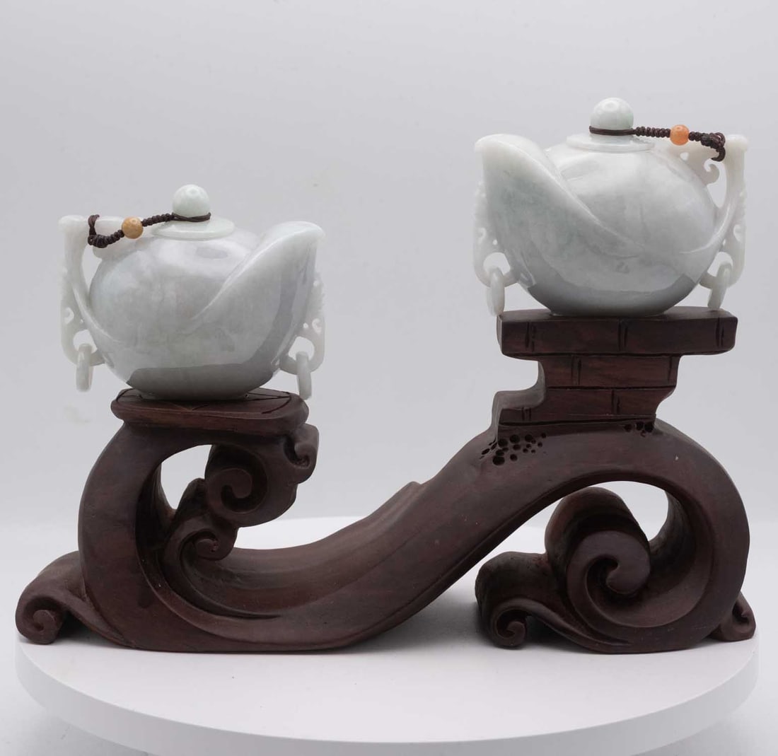 Chinese Carved Natural White Jadeite Decorative Teapots On Carved Wooden Stand (1 of 8)