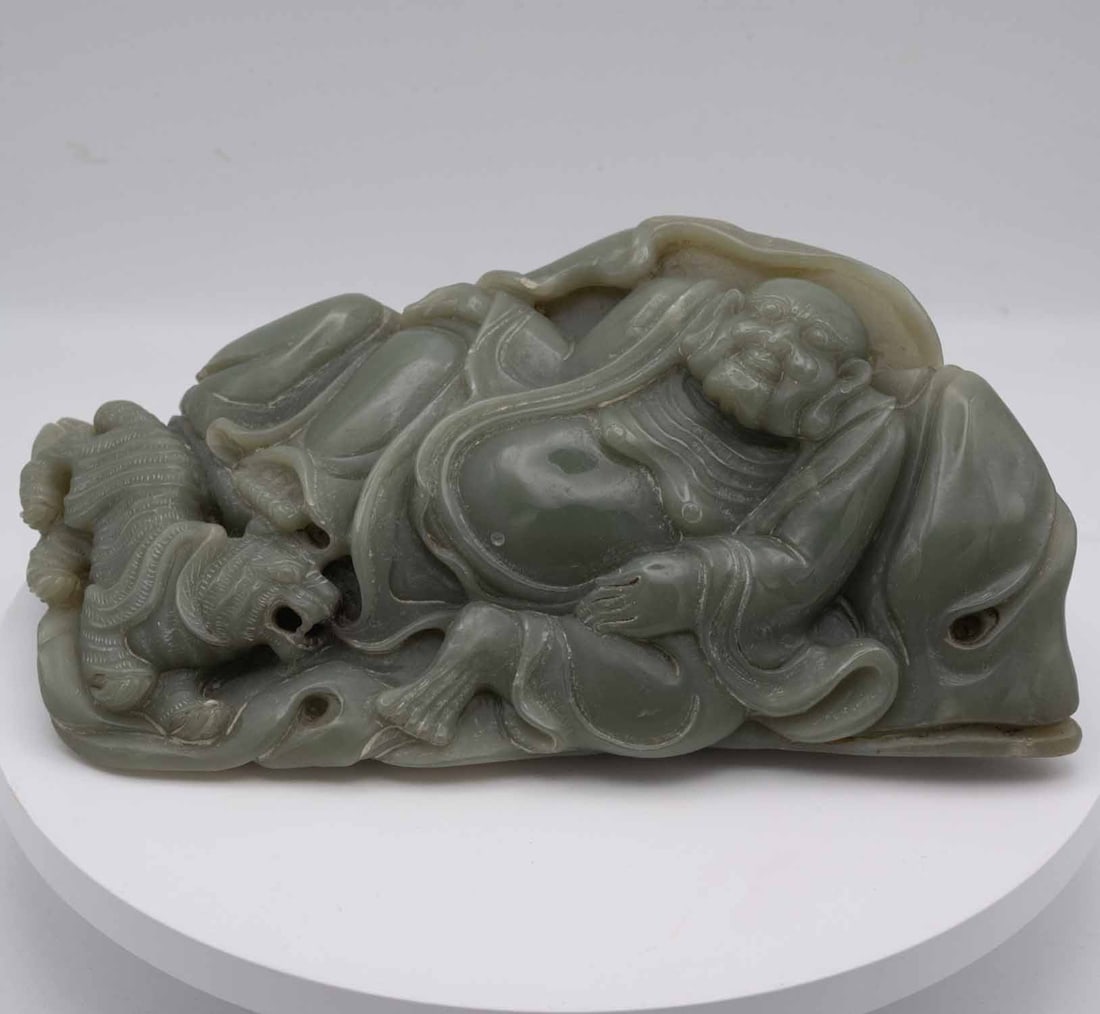 Antique Chinese Carved Iron Laughing Buddha Sculpture: Medium: Natural Jadeite Size: 8.3x4.3x2.7 inches Age/Detail: Antique Chinese Carved Condition: great overall, check photo for condition reference. Provenance: Collection from Estate in Tribecca LiveSh