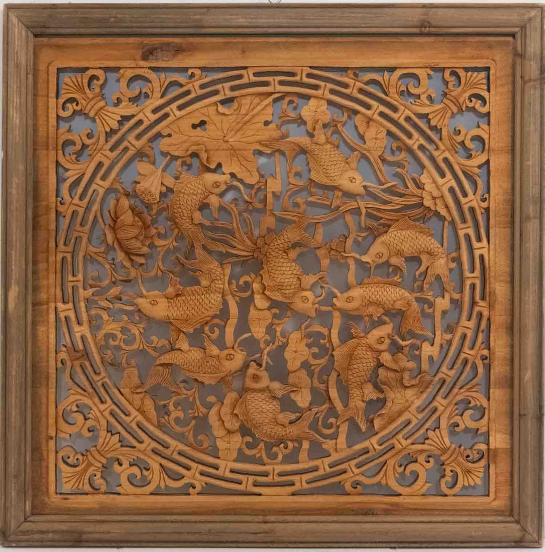 Chinese Carved Wood Relief Sculpture Wall Art: Medium: Wood Size: 23x24 inches Age/Detail: Chinese Carved Condition: Great overall, check photo for reference Provenance: Collection from Estate in Jamaica Please view all the photos as they are part