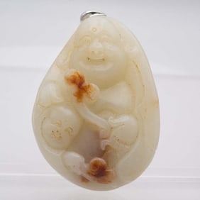 Antique Chinese Carved 14K White Gold And Natural Jadeite Large Ruyi Buddha Pendant