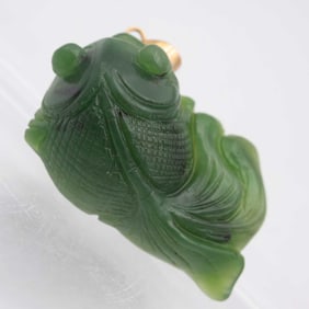 Chinese Carved Natural Icy Green Jadeite Gold Fish Pendant With 14k Gold Latch