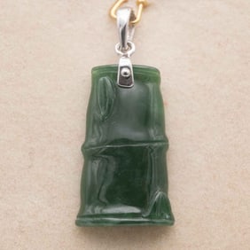 Chinese Carved Natural Icy Green Jadeite Bamboo Pendant With 14k Gold Latch