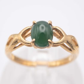 14K Gold Natural Glassy Green Jadeite Ring