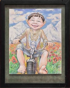 Vintage Russian Pastel On Paper "Boy Riding Bike"