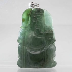 Chinese Carved Natural Green Jadeite Guanyu Pendant