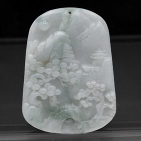 Chinese Hand Carved Type A Natural White Jade Landscape Pendant