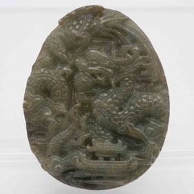 Chinese Carved Natural Green Jadeite Dragon Pendant