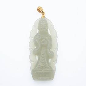 14K Gold Latch Carved White Jadeite Bodhisattva Pendant
