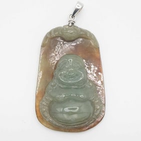 14k White Gold Latch Yellow And Green Jadeite Carved Buddha Pendant